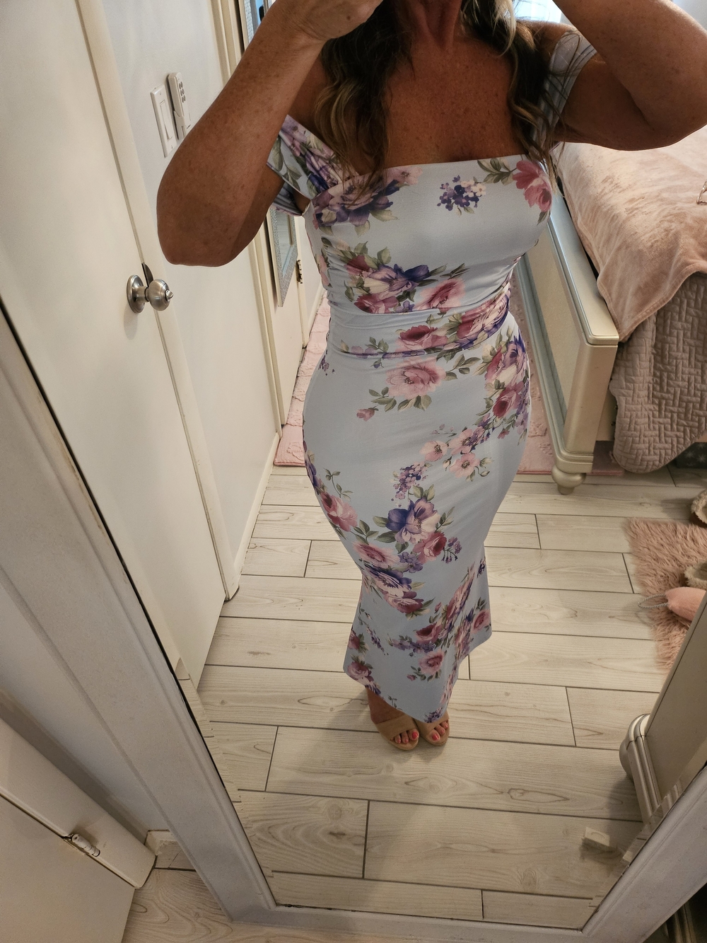 Windsor Light Blue Off-the-Shoulder Floral Bodycon Maxi Dress - Picture 2 of 5